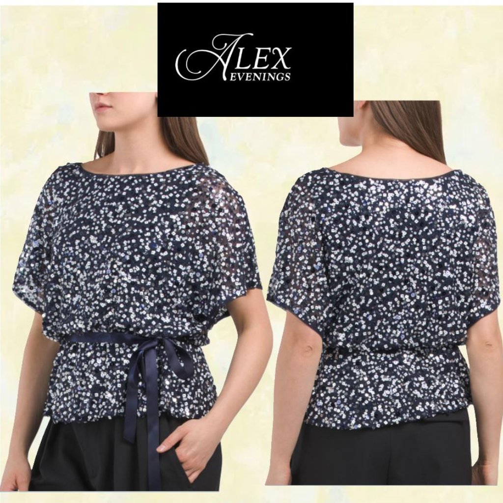 New With Tags! Alex Evening Short Sleeve Blue Sequin Blouson Top Sz M